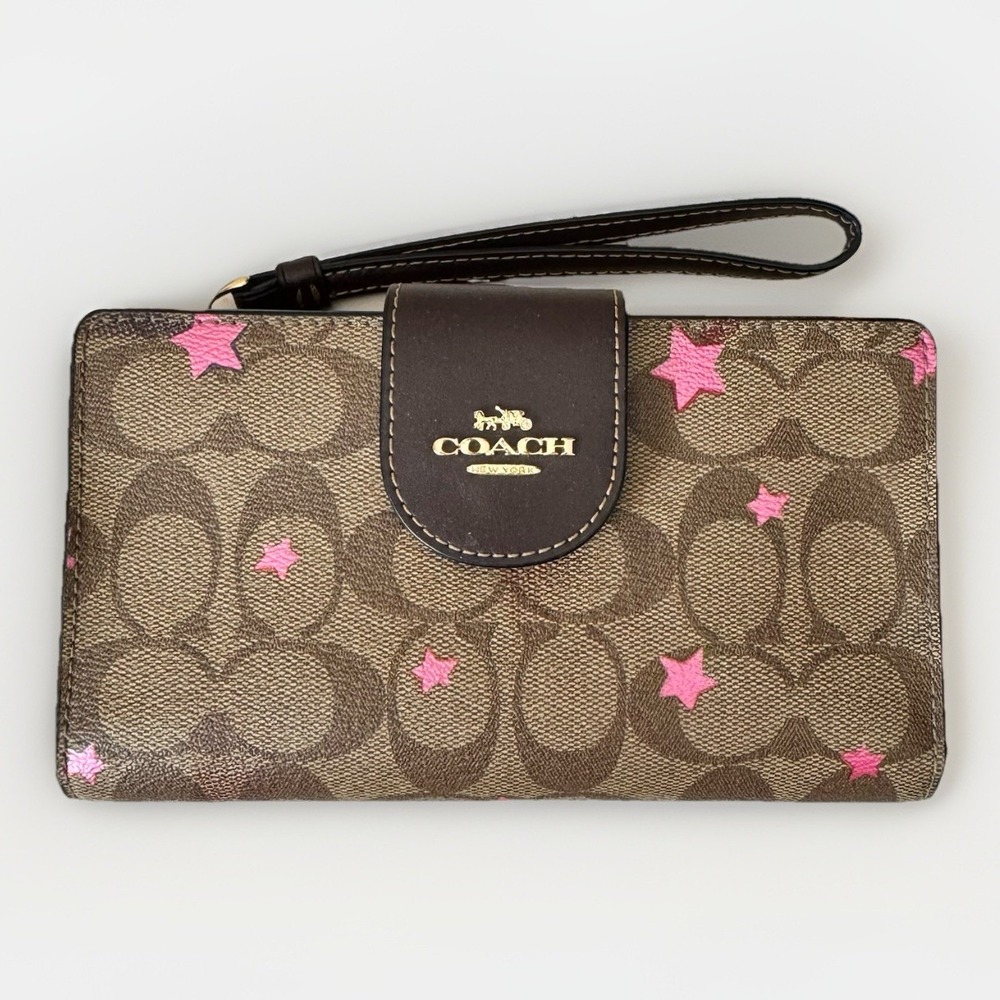 Coach Tech Wallet Signature Canvas Disco Star Print‎ Khaki Y2K Rare Multicolor